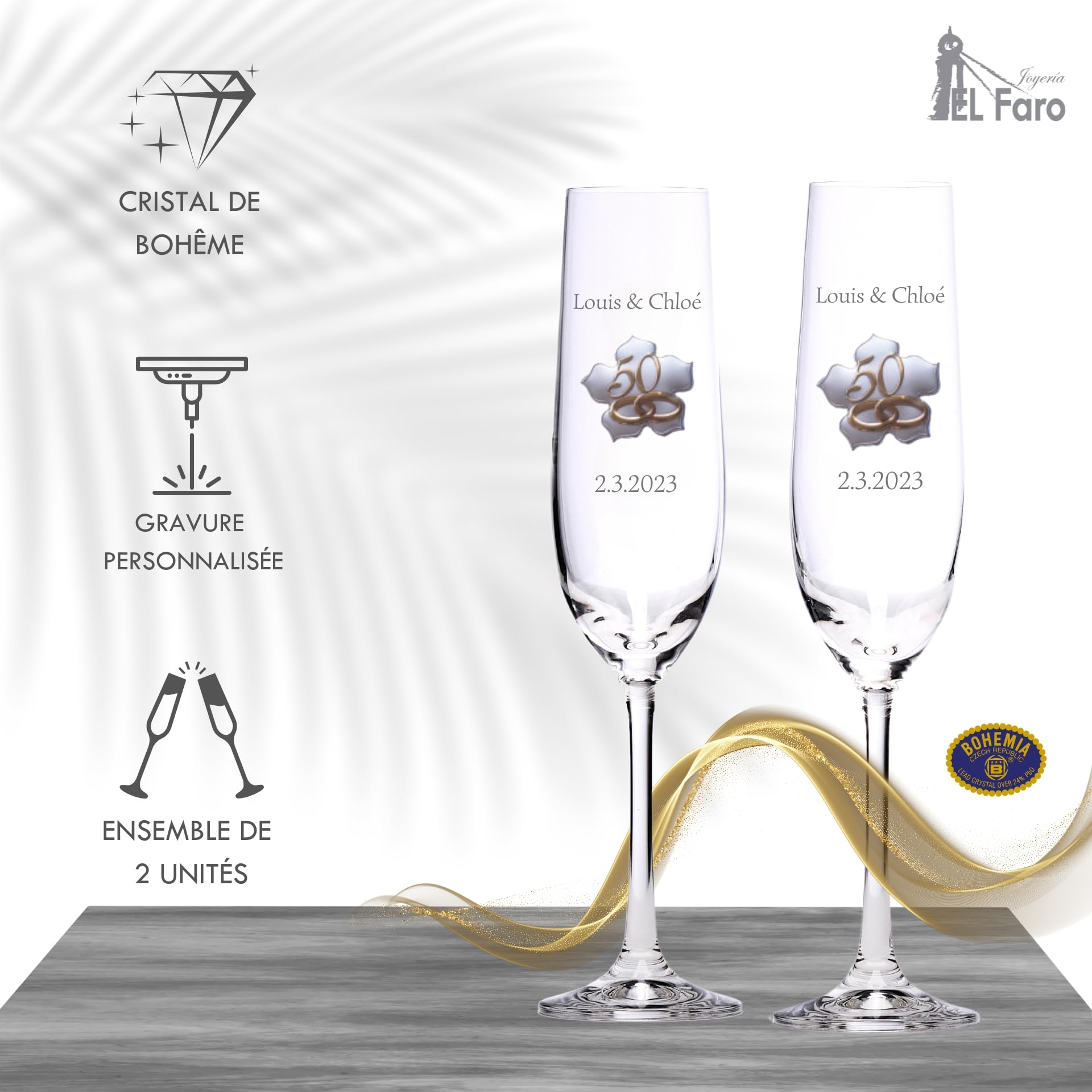 JOYERÍA EL FARO Flûtes 50e anniversaire de mariage personnalisées | Cristal de Bohême haute résistance, Coffret premium inclus