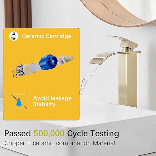 Miniatura 2 de BESy Grifo de baño con boquilla de cascada de oro cepillado, de una sola llave alta, grifo de lavabo de baño de lavabo Rv Lavabo grifo mezclador con