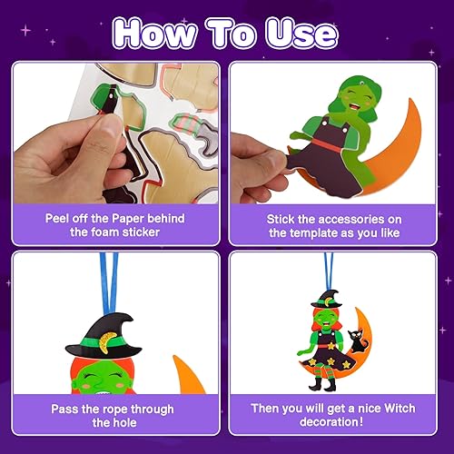 Miniatura 3 de Fennoral Paquete de 12 calcomanías de espuma de bruja para niños, haz tu propia bruja, decoración de Halloween, artes y manualidades para niñas y
