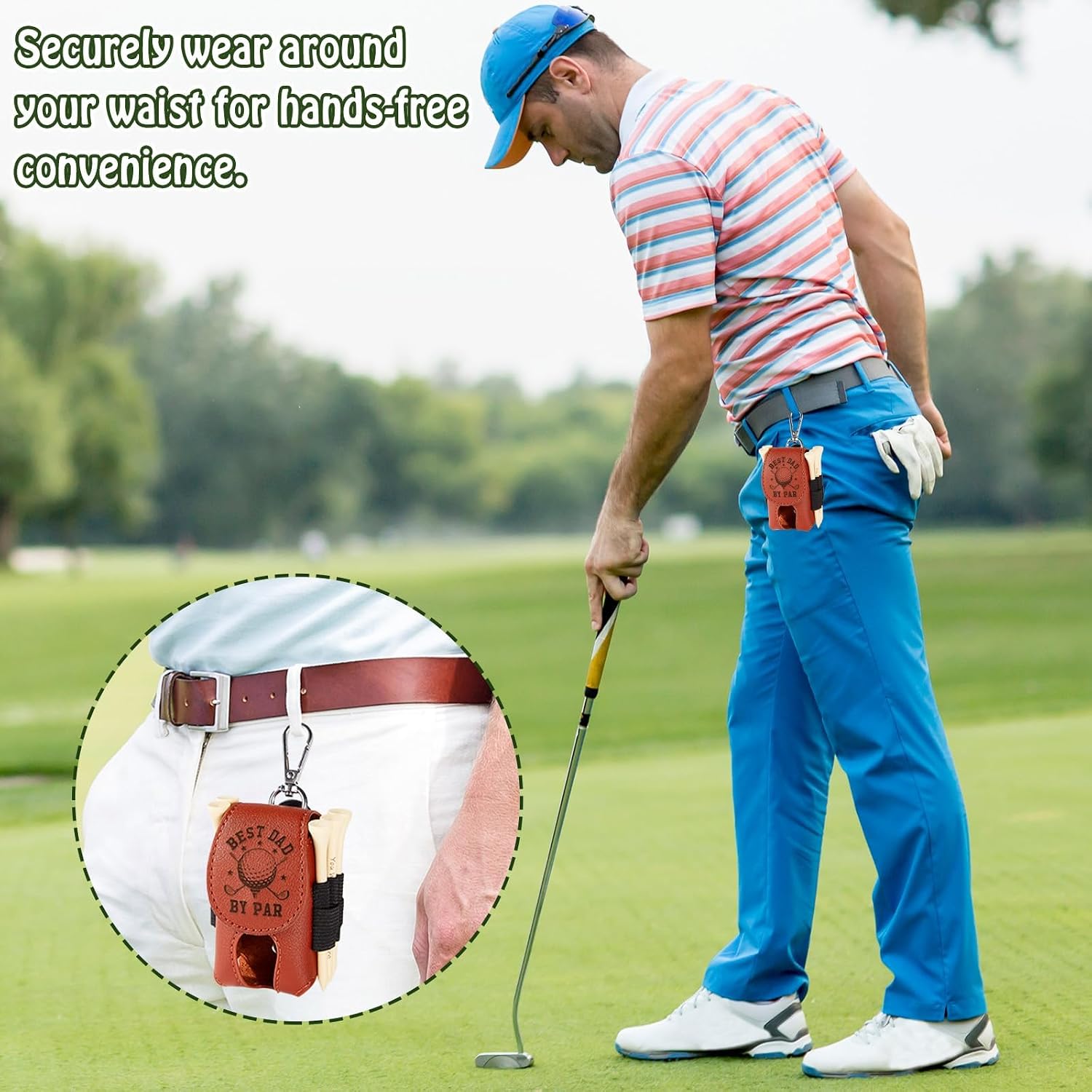 Naozinebi Father‘ s Day Gifts Golf Bag Tee Holder with 5 Tees Set Best Dad by Par 3-1/4 inch Wooden Golf Tees Bulk for Funny Dad Grandpa Uncle Birthday Present from Daughter Son