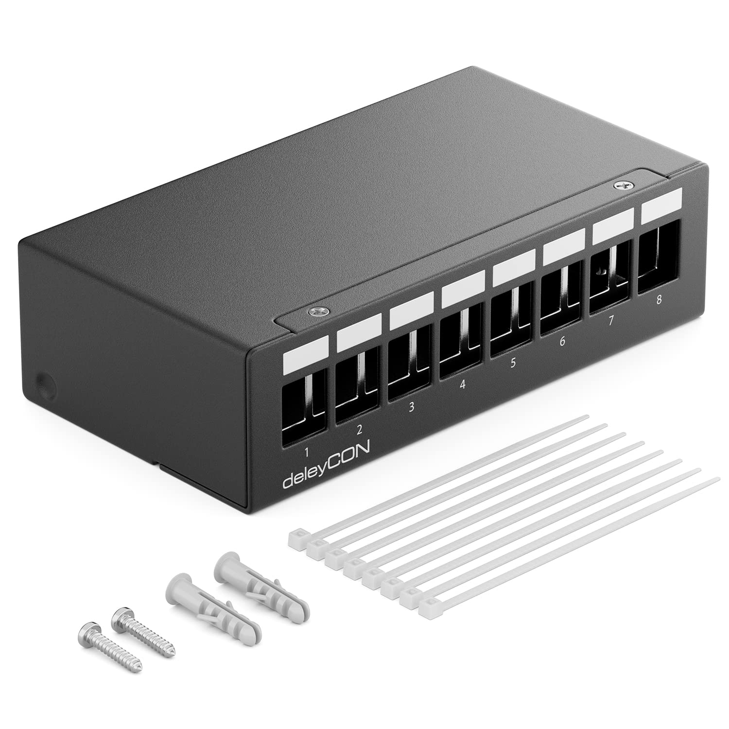 deleyCON Boîtier de Brassage 8 Ports 1U pour Module Keystone 14,9 mm x 17 mm avec p.ex. Prise RJ45 Prise Coaxiale BNC Prise F Prise d'Antenne RJ-11 Cinch Jack USB Toslink PS2 HDMI - Noir