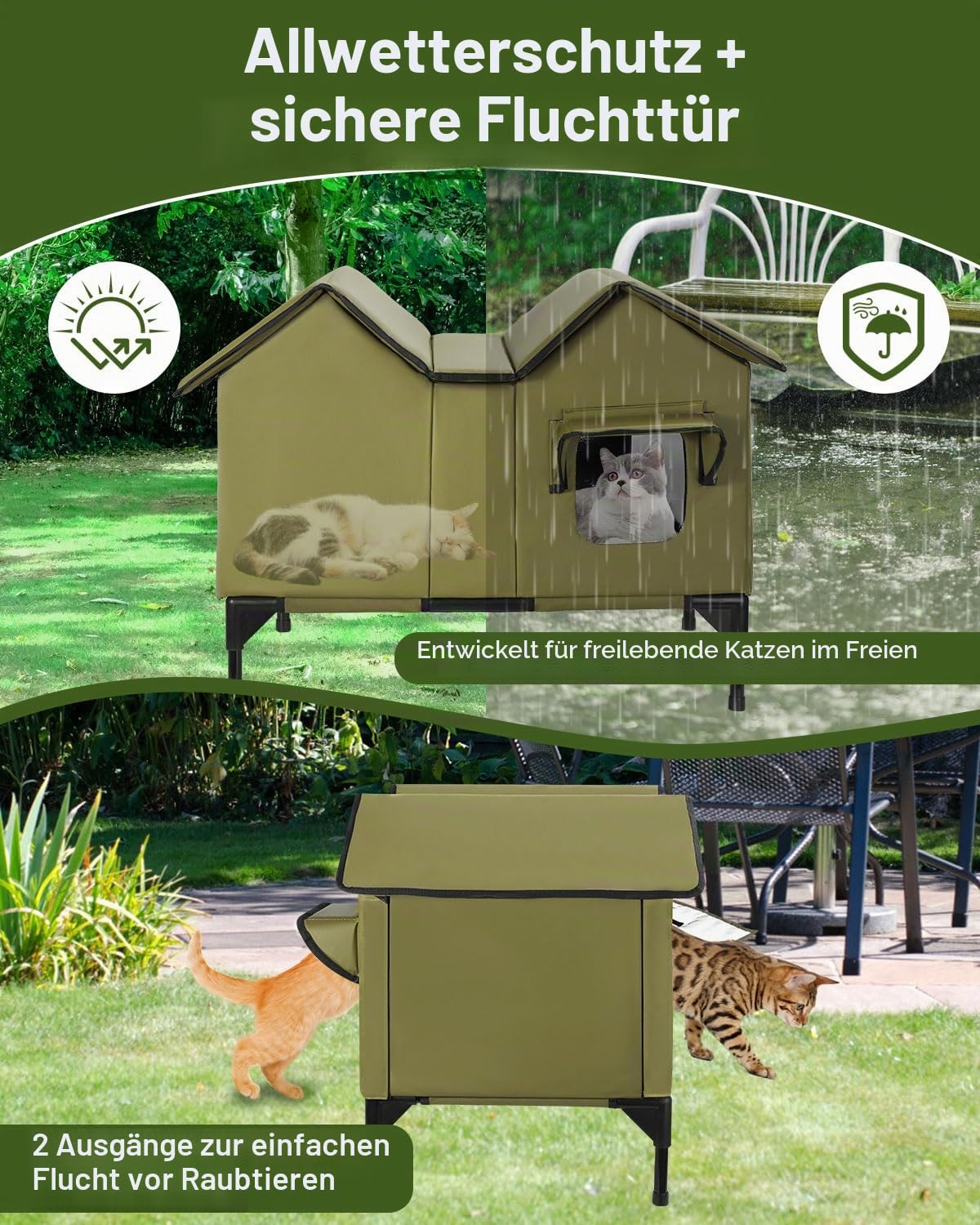 Outdoor Katzenhaus, Extra Large wasserdichtes Katzengehege mit erhöhter Basis, isoliertes Haustierhaus für Indoor-Outdoor-Katzen und kleine Hunde, Schutzhütte für mehrere Streifenhörnchen, Grün