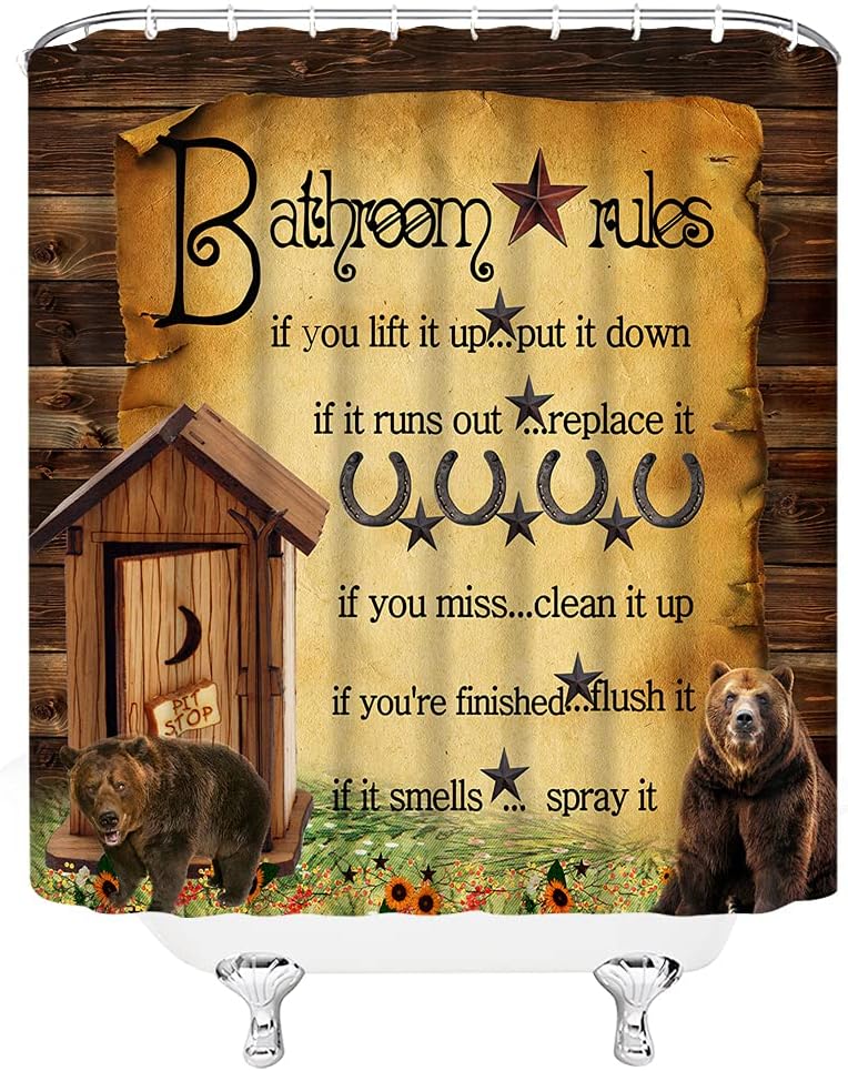 Rustic Primitive Country Shower Curtain Cabin Wild Animal Bear Brown Barn Door Bathroom Rules Farmhouse Outhouse Vintage Lodge Fabric Bathroom Curtain Set with Hooks
