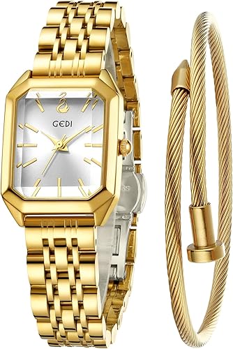 FANMIS Juego de reloj y pulsera de tono dorado para mujer, esfera cuadrada simple, reloj de vestir casual para mujer con correa de acero inoxidable