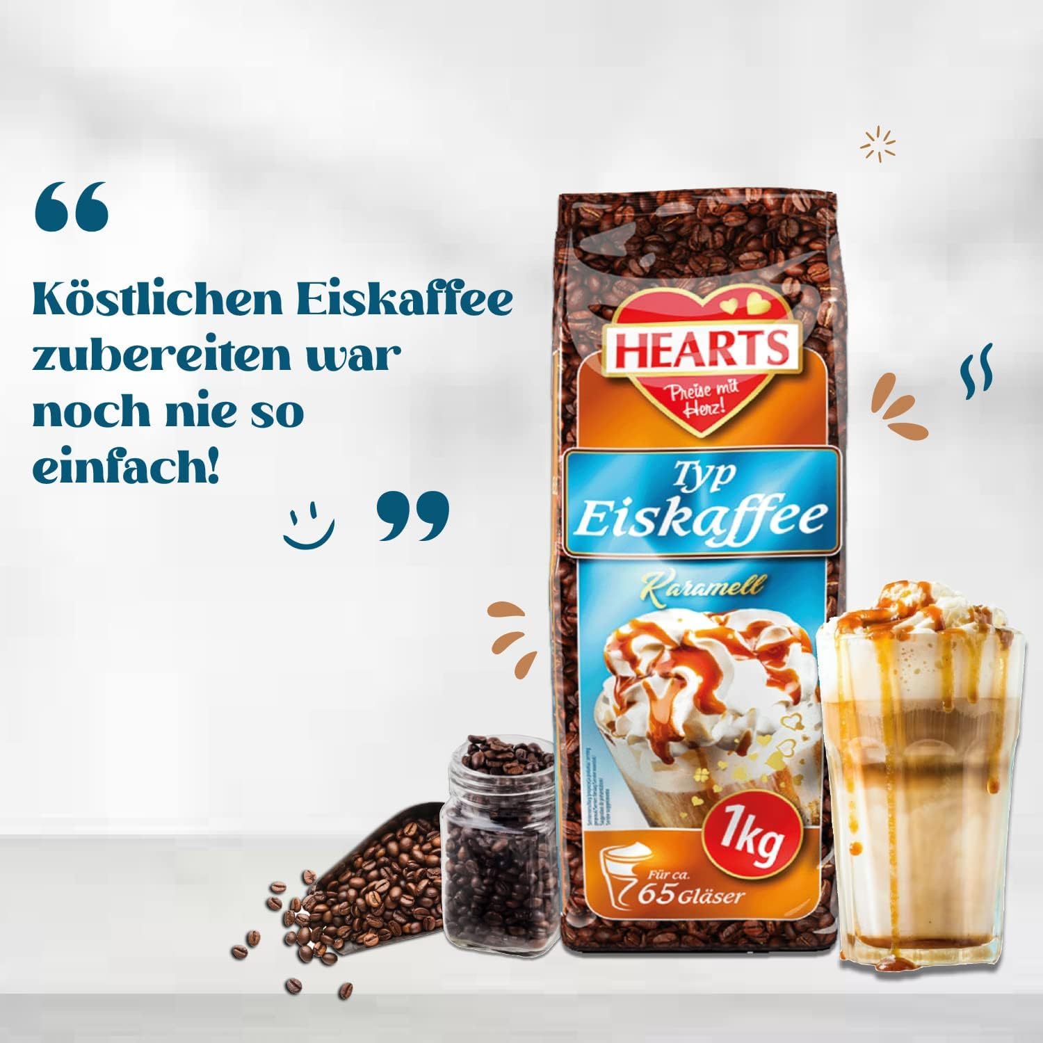 HEARTS kawa mrożona w proszku karmelowa 20 x 1 kg, korzystne opakowanie idealne na stacje benzynowe, piekarnie, hotele, przedsiębiorstwa itd. – Zmielona kawa na lato, Frappe Art, letni napój,