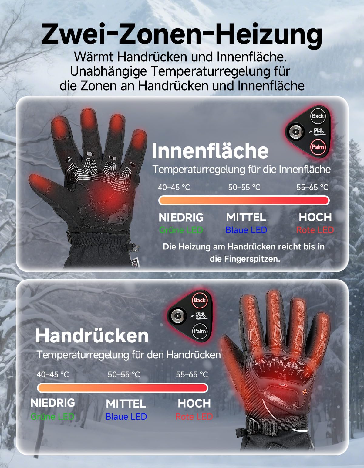 KEMIMOTO Beheizbare Motorradhandschuhe Winter, Beheizte Handschuhe Touchsreen, Magnetische Hybrid-Stromversorgung mit Magnet-Anschlusskabel, Elektrisch Thermohandschuhe für Motorradfahren, Skifahren