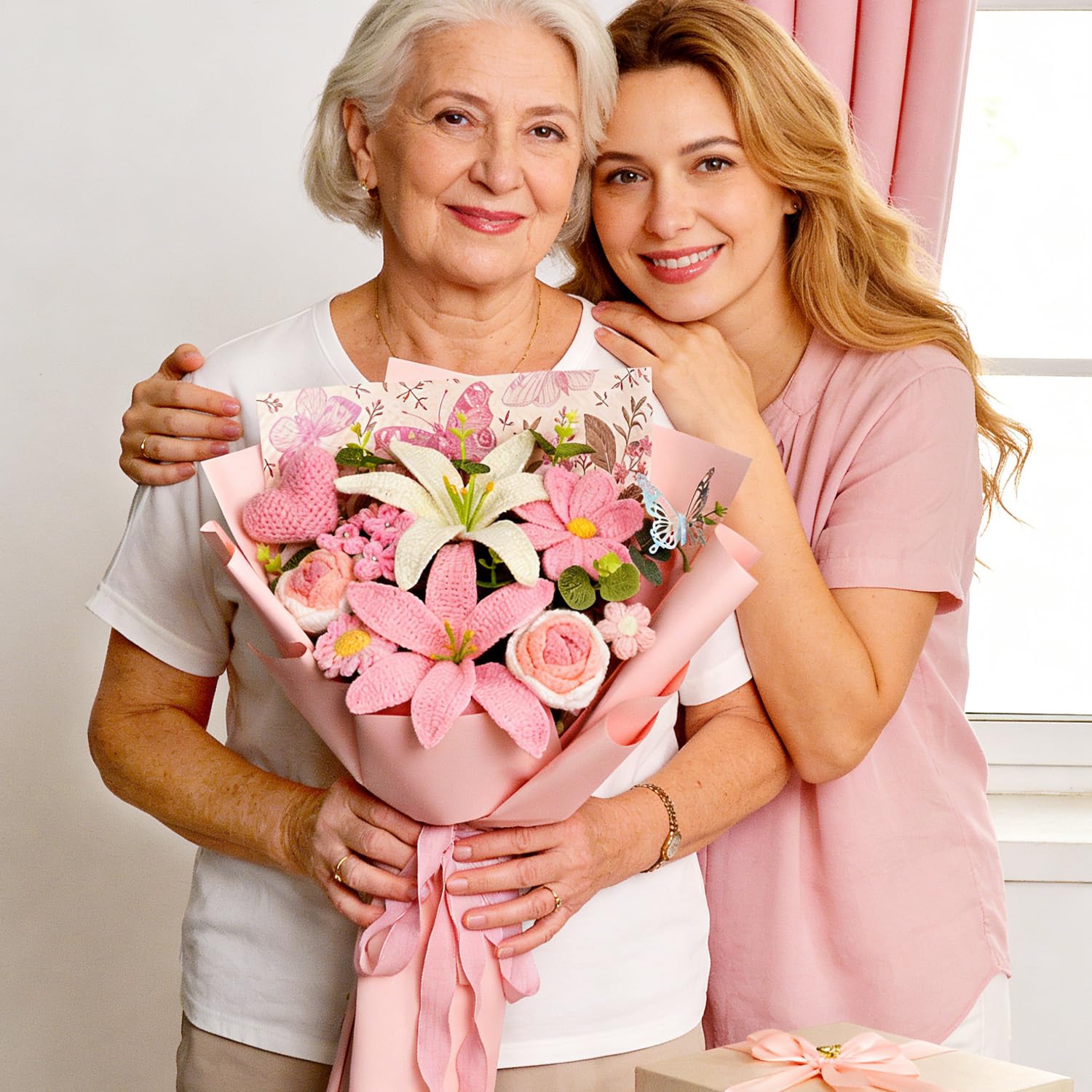 Blumenstrauß Gehäkelt, Lilie Rose Herz Blumen, Rosa