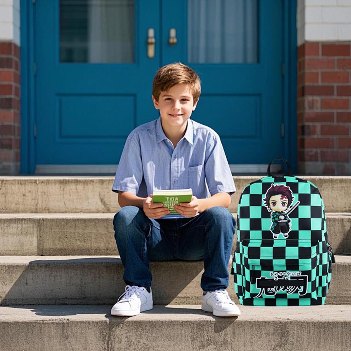 Roffatide Anime Kamado Tanjirou Backpack Black Green Plaid School Bag Large Capacity Laptop Back Pack