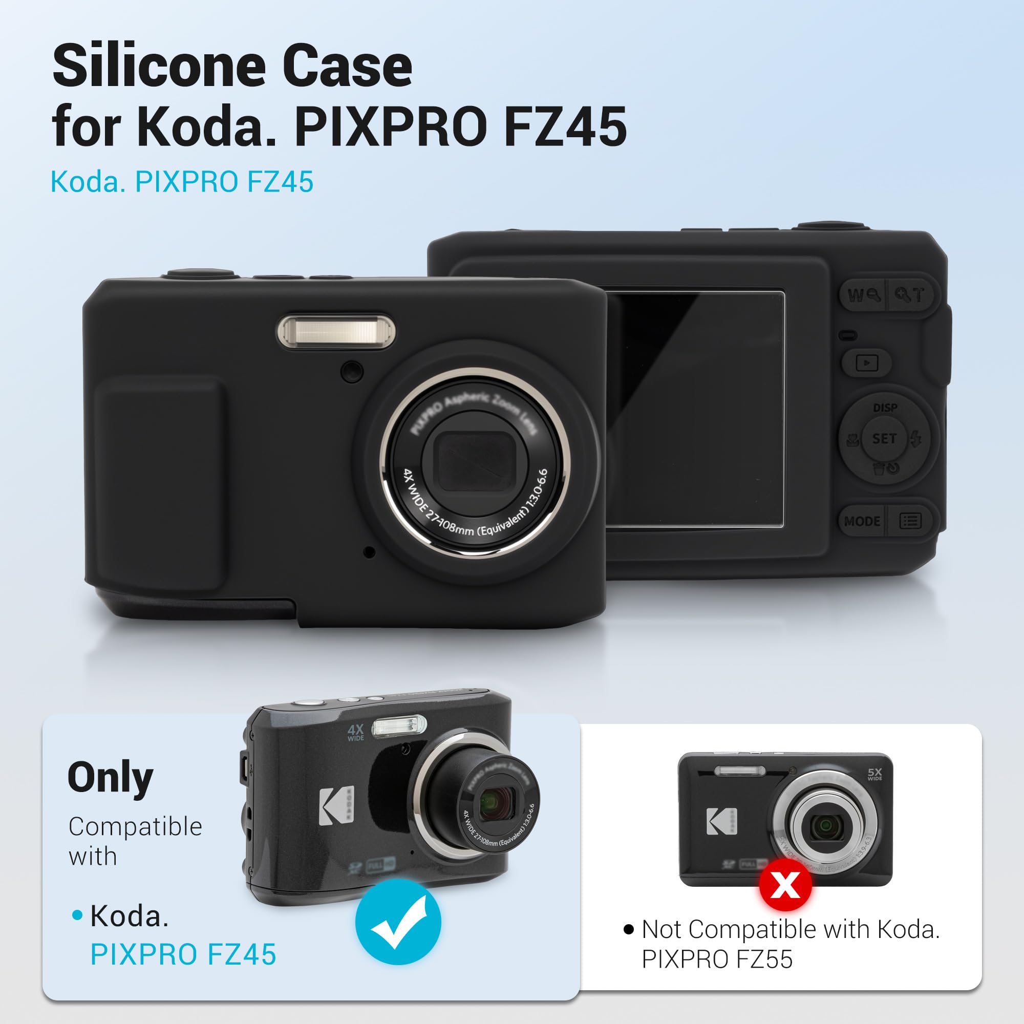 PROfezzion do Kodak PIXPRO FZ45 silikonowe etui ochronne, dopasowany krój, akcesoria z osłoną ekranu i paskiem na nadgarstek do aparatu cyfrowego Kodak FZ45, Czarny, Miękki