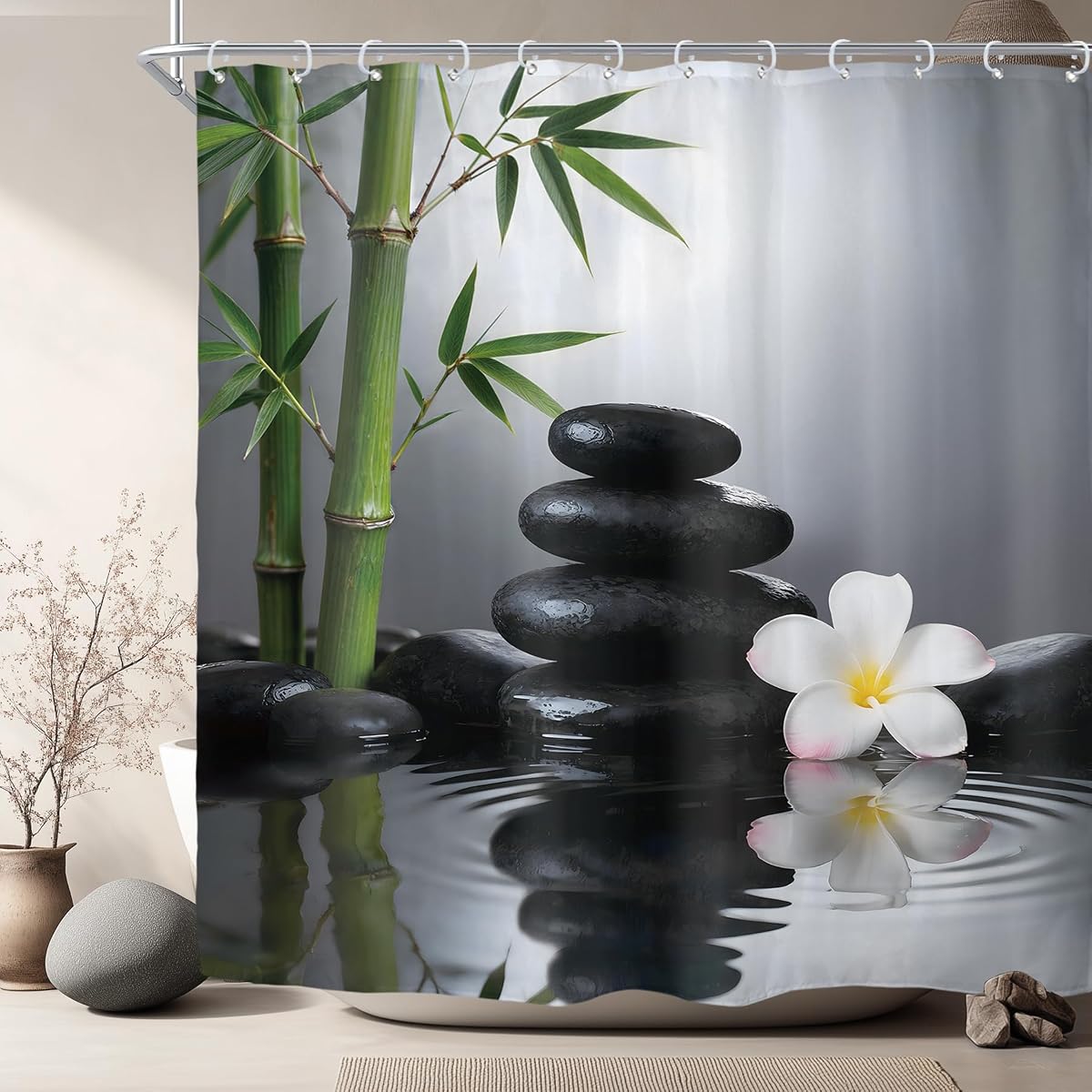 Zen Black Bible Verse Shower Curtain for Bathroom Decor 72Wx72H Bamboo Scriptures Positive Spa Yoga Relaxing Christian Quotes Art Printed Fabric Polyester Waterproof 12 Pack Plastic Hooks