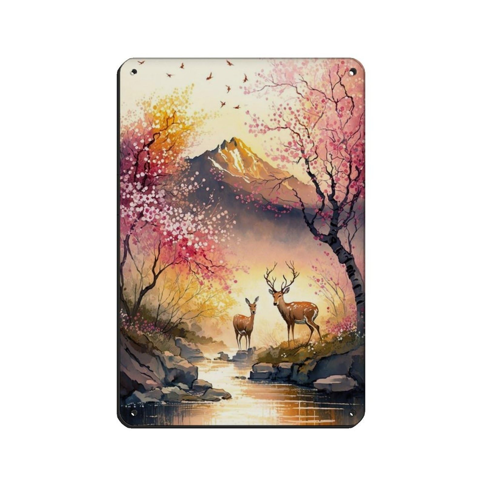 Lxwnze 20L X 30W Cm Sika Deers By The River,Japanese Landscape Tin Sign Vintage Metal Pub Club Cafe Bar Home Wall Art Decoration Poster Retro 8X12inch(20X30cm)