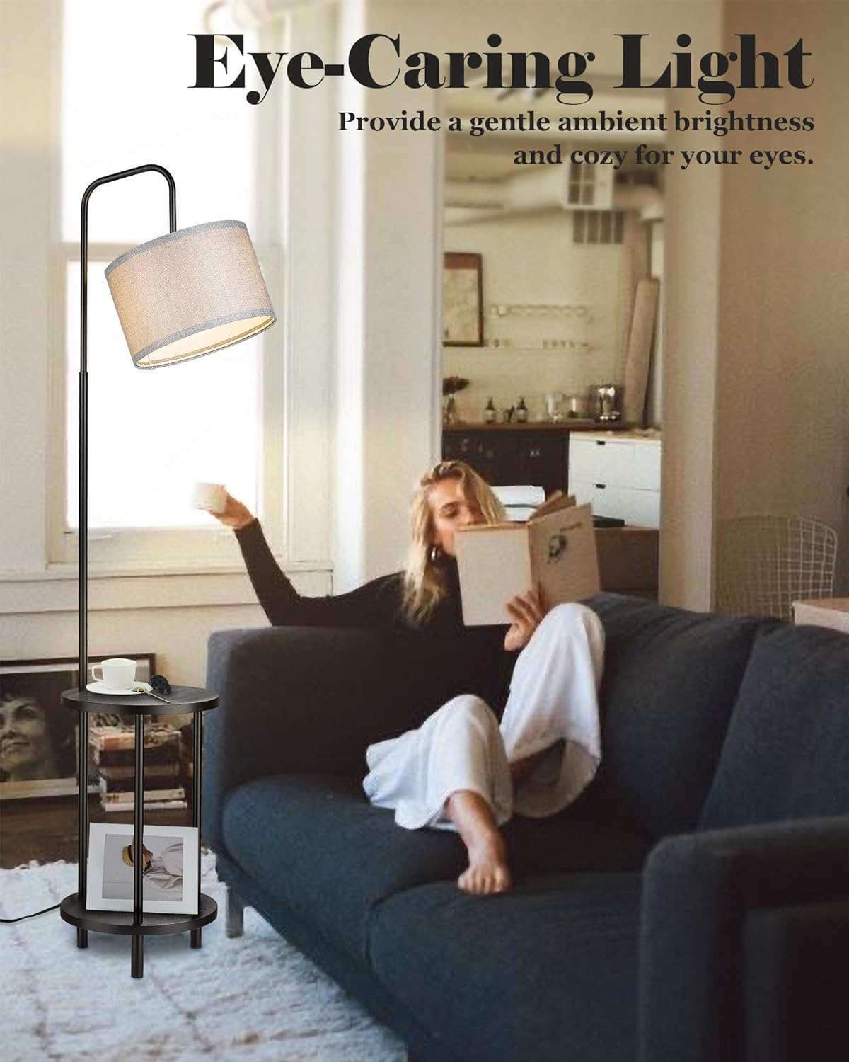 ELYONA Modern Floor Lamp for Living Room, Solid Wood Side Table Lamp with Grey Fabric Drum Shade, 3-Color Temperatures End Table Standing Light for Bedroom, Living Room, LED Bulb Included, Matte Black