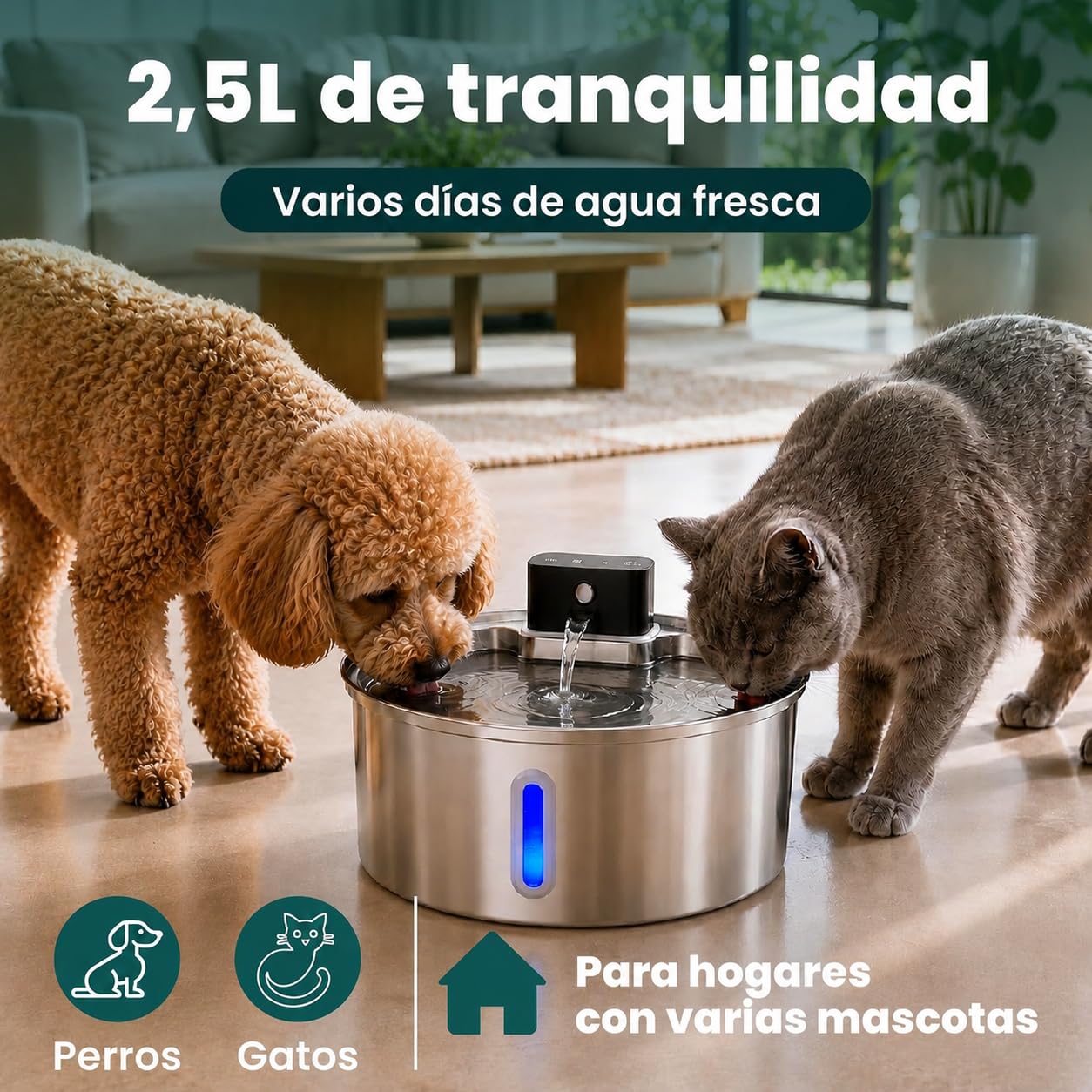 Peluditos SUS304 - Fontana per gatti in acciaio inox, 2,5 l, senza cavo, ricaricabile, 4200 mAh, con sensore di movimento, fontana d'acqua per gatti e cani, ultra silenziosa