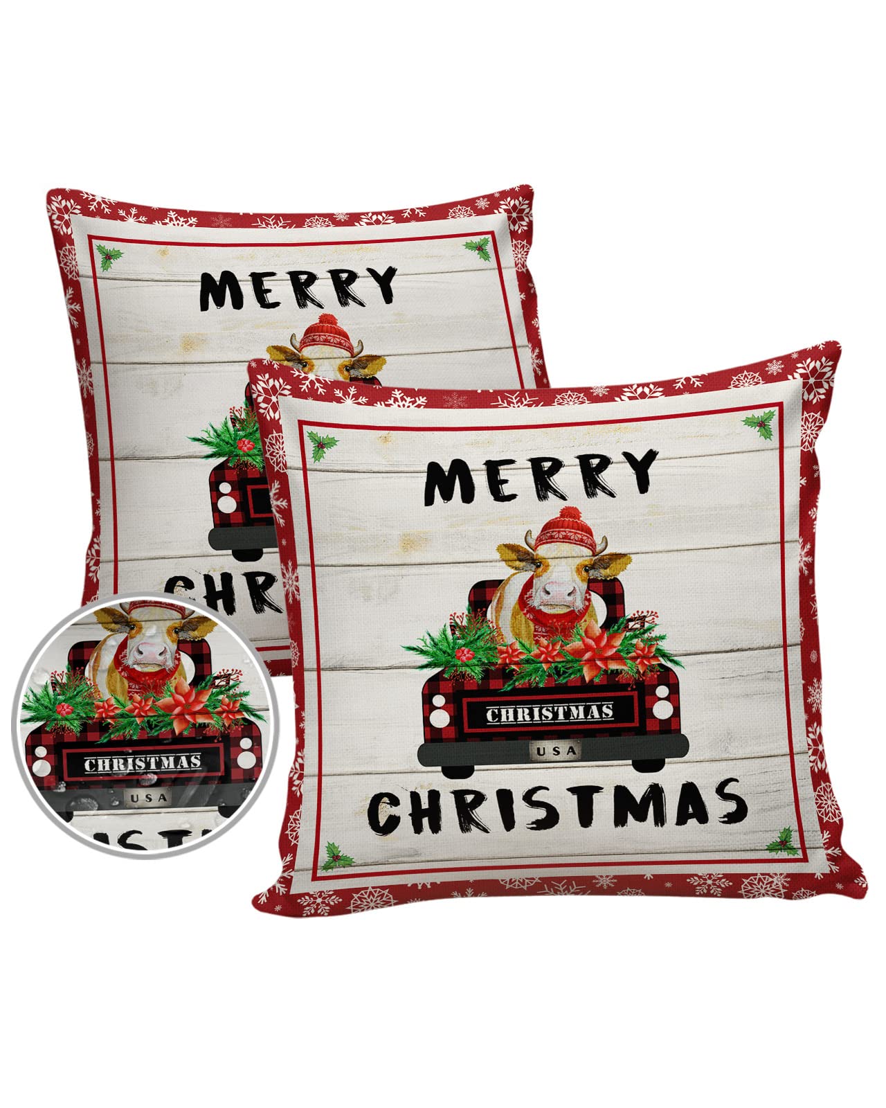 Outdoor Throw Pillow Covers 20x20 Waterproof Merry Christmas Cow Truck Outdoor Pillows Decorative Pillow Covers Cushion Covers Pillowcase for Tent Patio Garden Couch Set of 2, Cattle Farm Wood