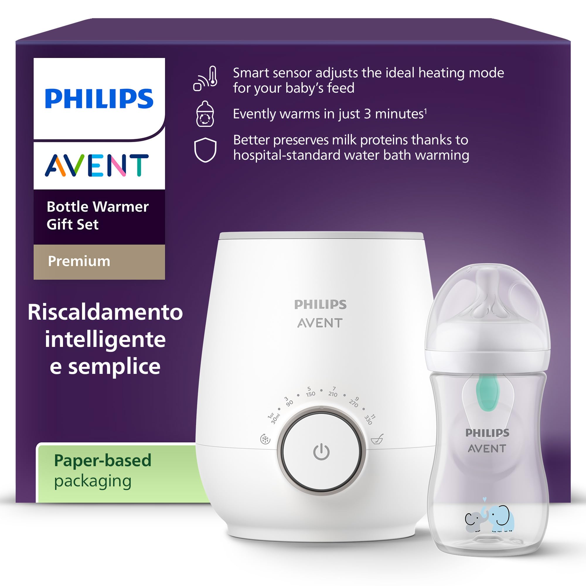Philips Avent Scaldabiberon Set regalo – Scaldabiberon veloce e biberon Natural Response, controllo temperatura smart, riscaldamento uniforme, spegnimento automatico, SCF358/10