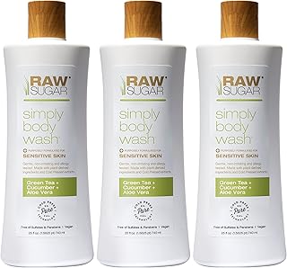 RAW SUGAR Sensitive Skin Simply Body Wash - Green Tea + Cucumber + Aloe Vera, Moisturizing & Brightening Bath & Shower Ge...