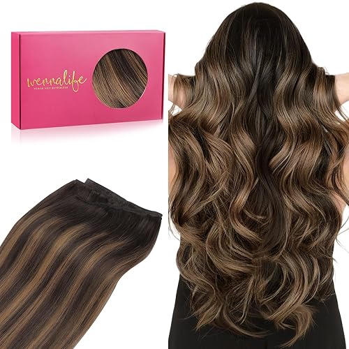 WENNALIFE Extensiones de cabello humano real para coser, 18 pulgadas, 3.16 onzas, balayage, color marrón oscuro a castaño atado a mano, extensiones