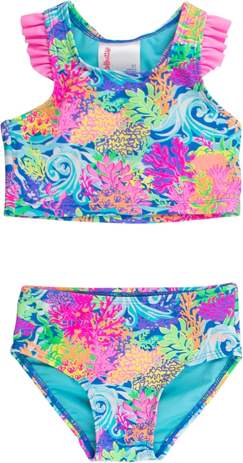 RuffleButts Girls UPF50+ Sun Protected Racerback Flutter Tankini 2-Piece Swimsuit