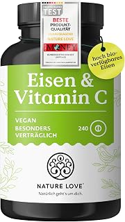 NATURE LOVE® Eisentabletten mit Vitamin C - 240 Stück - 20mg Eisen und 40mg Vitamin C pro Tablette - Hoch bioverfügbares Eisen-bisglycinat - vegan, in Deutschland produziert