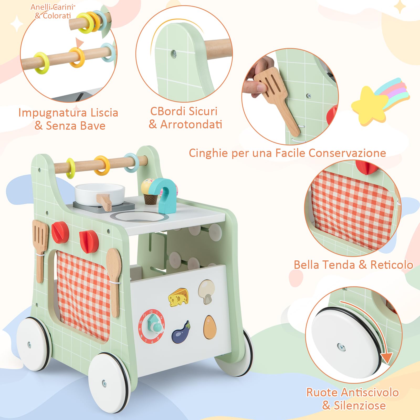 RELAX4LIFE Carrello Primi Passi in Legno 6 in 1, Centro Montessori Cucina con Pannello Attività, 9 Accessori, Vano Portaoggetti, Anti O, per Bambini 1-3 Anni,Legno Naturale + Verde Menta