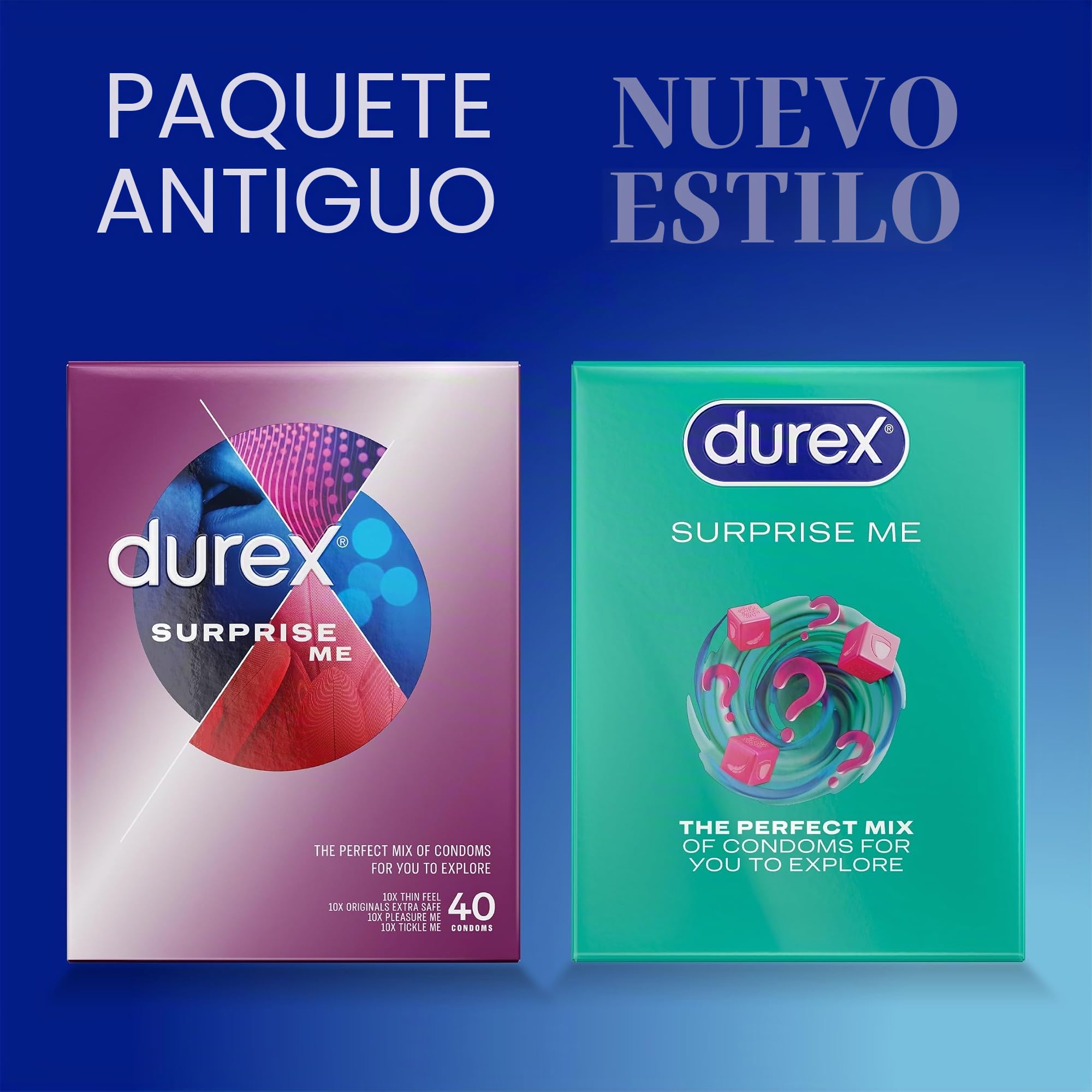 Durex Surprise Me - Paquete variado, 80 condones (40s x 2), ajuste estrecho y regular | Thin Feel, Pleasure Me, Originals Extra Safe, Tickle Me, mezcla ajustada y ajuste regular, mezcla de grosor, paquete variado
