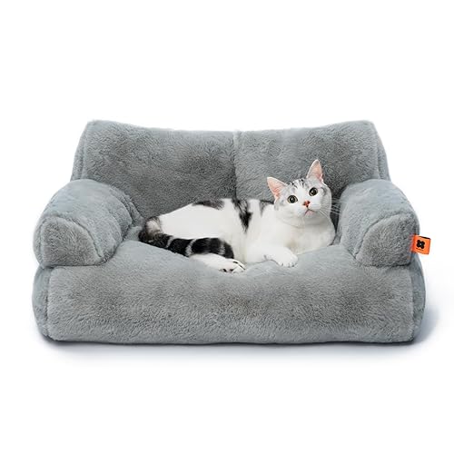 MEWOOFUN Cat Couch Bed for Indoor Cats, Washable Small Dog Beds for Medium Small Dogs & Cats up to 25 lbs, Fluffy Pet Beds with Non-Slip Bottom, 26×19×13 Inch (Grey) - 26.0"L x 19.0"W x 13.0"Th - Grey