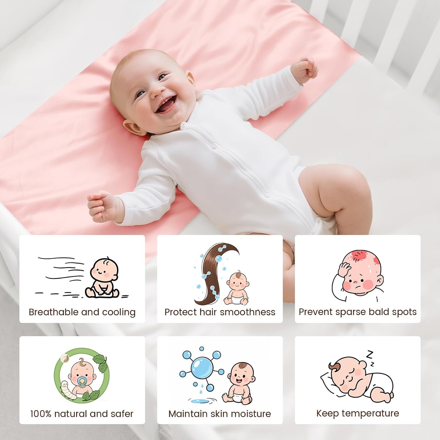 THXSILK 7A+ Grade 100% Mulberry Silk Crib Sleeve for Baby Hair Loss Prevention, Toddler Sheet for Cribs/Cots/Bassinets/Cradles Mattress Soft Breathable Cooling 41.4inch*20.5inch, Charming Pink