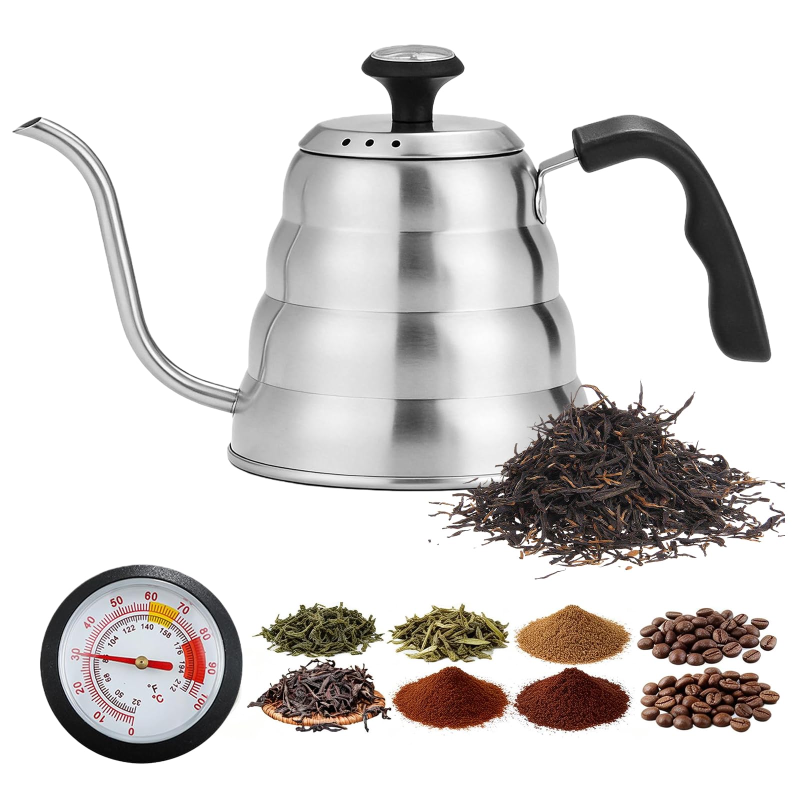 1L Edelstahl Wasserkessel Kaffeekanne mit Langer Auslauf, Schwanenhals Wasserkocher mit Thermometer, Wasserkocher Schwanenhals, Schwanenhalskessel, Gooseneck kettle für Kaffee und Tee