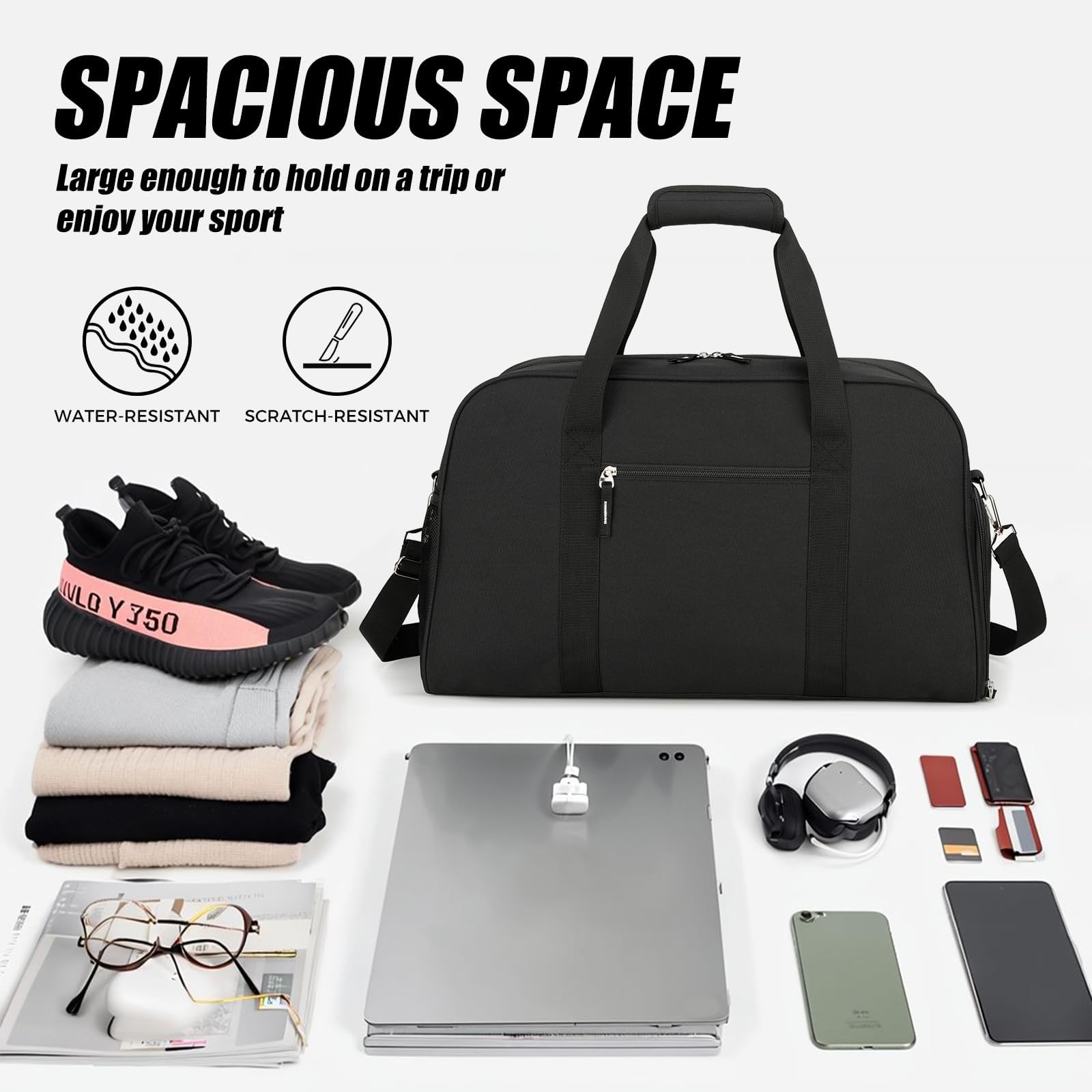 Searock Bolsa de gimnasio de 21 pulgadas con compartimento para zapatos, bolsa deportiva para viajes, bolsa de lona de mano, bolsas de fin de semana para hombres y mujeres que viajan, Negro, 53 cm