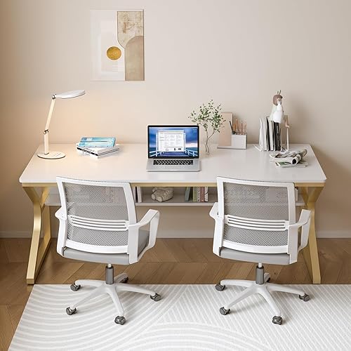 Miniatura 6 de Escritorio extra largo con estantería, mesa de escritura doble larga de 63 pulgadas para estación de trabajo de 2 personas, escritorio moderno para