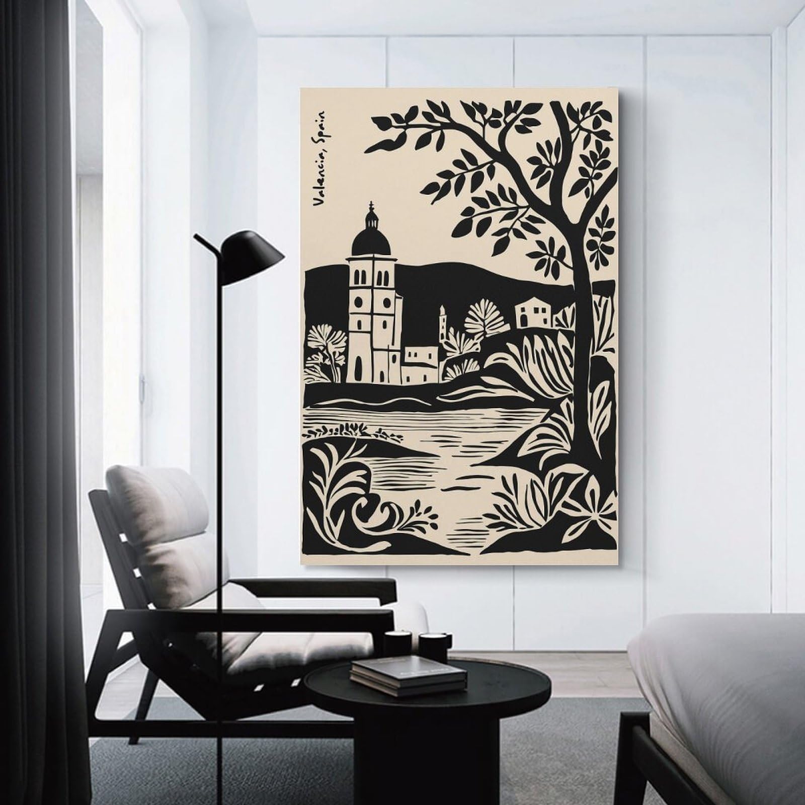 Junmoney Valencia, Spain Black And Beige Illustration Canvas Wall Decor, 24x36inch(60x90cm), for New Homes, Bedrooms Or Workspaces, Gift Idea for Housewarming And Birthdays