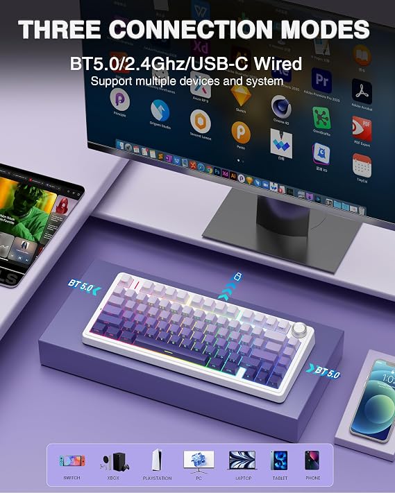 AULA Wireless Keyboard and Mouse Combo, F75 Pro Mechanical Keyboards,75% Gasket Hot Swappable Custom Keyboard+SC580 Wireless Gaming Mouse White