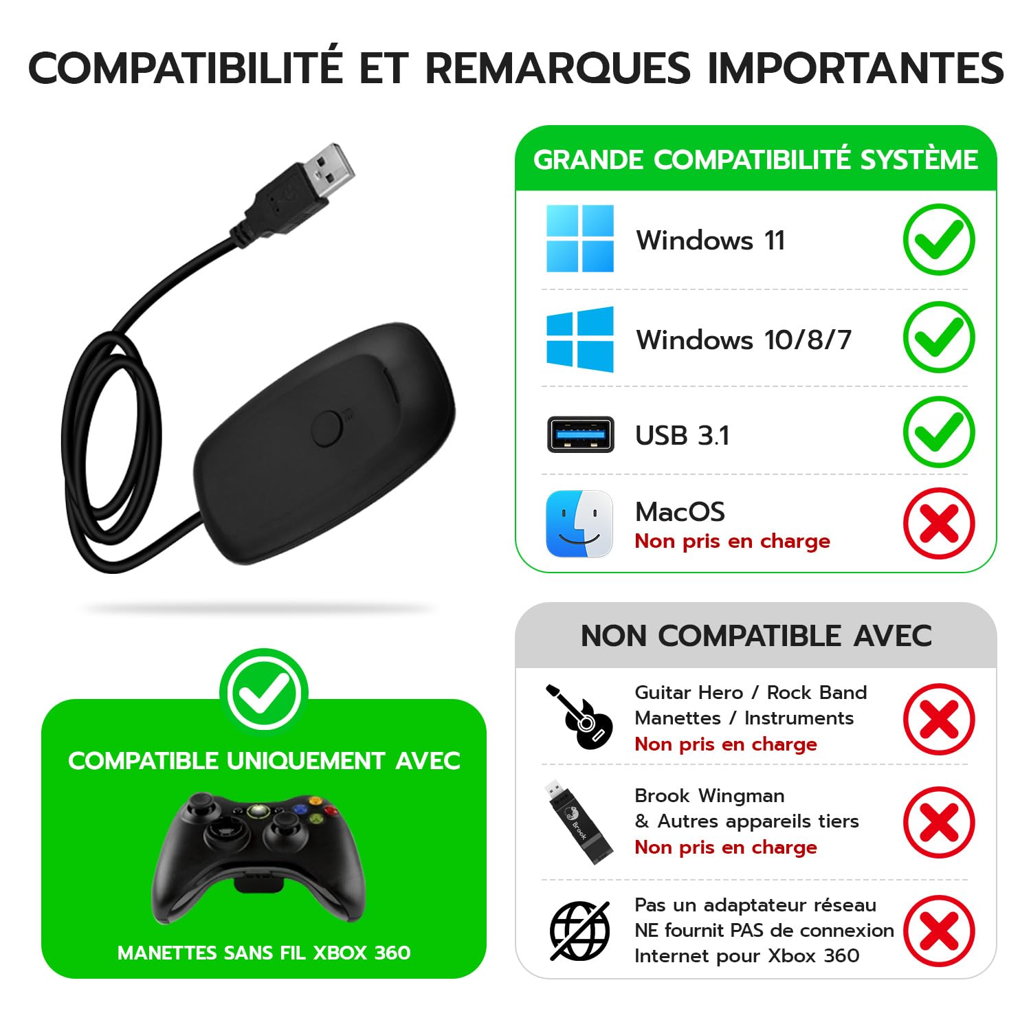 Mcbazel Adaptateur Convertisseur sans Fil USB 2.0 pour Récepteur Gaming pour Xbx 360/PC Bureau - Prise en Charge de 4 Manettes et Casques, Plug & Play pour Windows 7/10/11