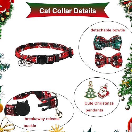 Miniatura 5 de Collares navideños para gatos, paquete de 2 unidades, collar de gatito de Navidad a cuadros rojos y verdes con corbatín extraíble y collar de