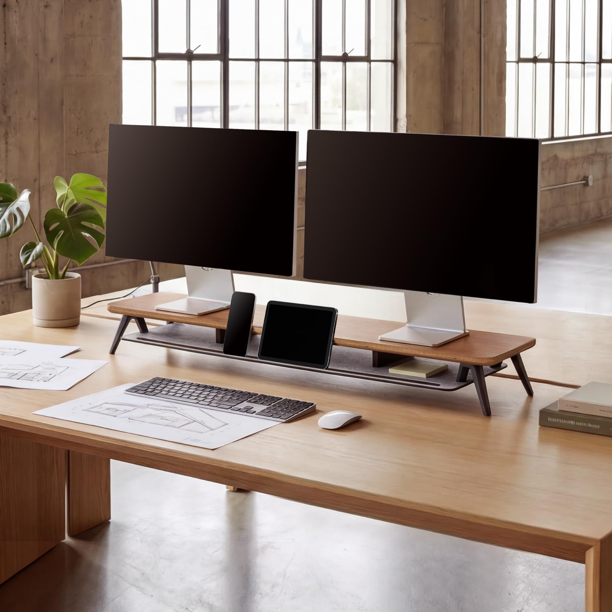 Fenge Monitorständer, 108cm, Mehrschicht-Massivholz, Laptop PC TV, Braun | 2 Geräte, Bis 45kg, Ablagefach für Telefon/Tablet/Stift, Kabel-Mgmt. Filz-bezogen, Alufüße, Bildschirm Schreibtisch Büro Home