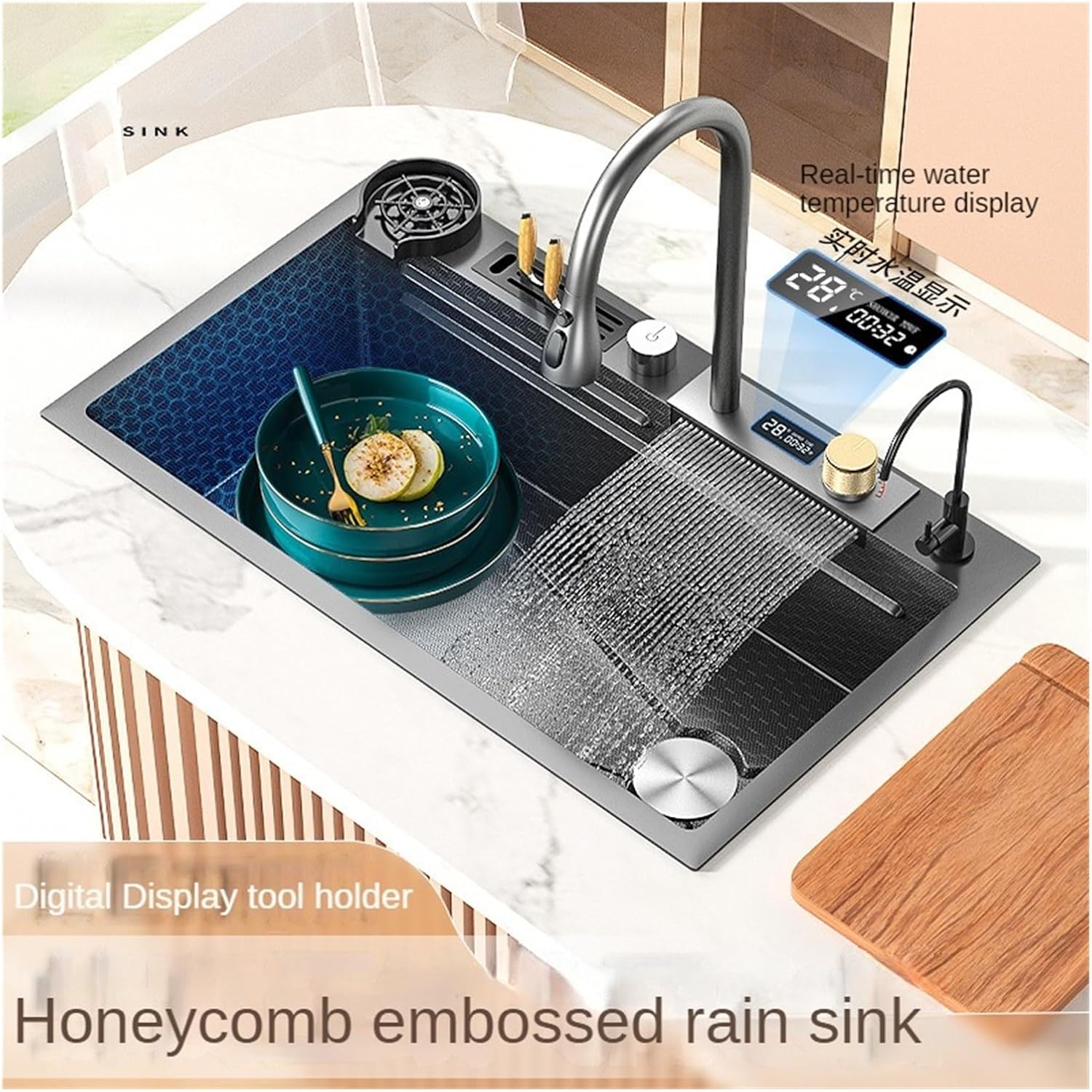 Waterfall Sink Embossed Honeycomb Kitchen Stainless Steel Single Slot Vegetable Washing Basin Under The Table Dishwashing Pool