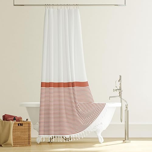 Vista 51 de Dynamene Cortina de ducha de tela marrón, cortinas de ducha con borlas a rayas bohemias para baño, juego de cortina de ducha de tela texturizada