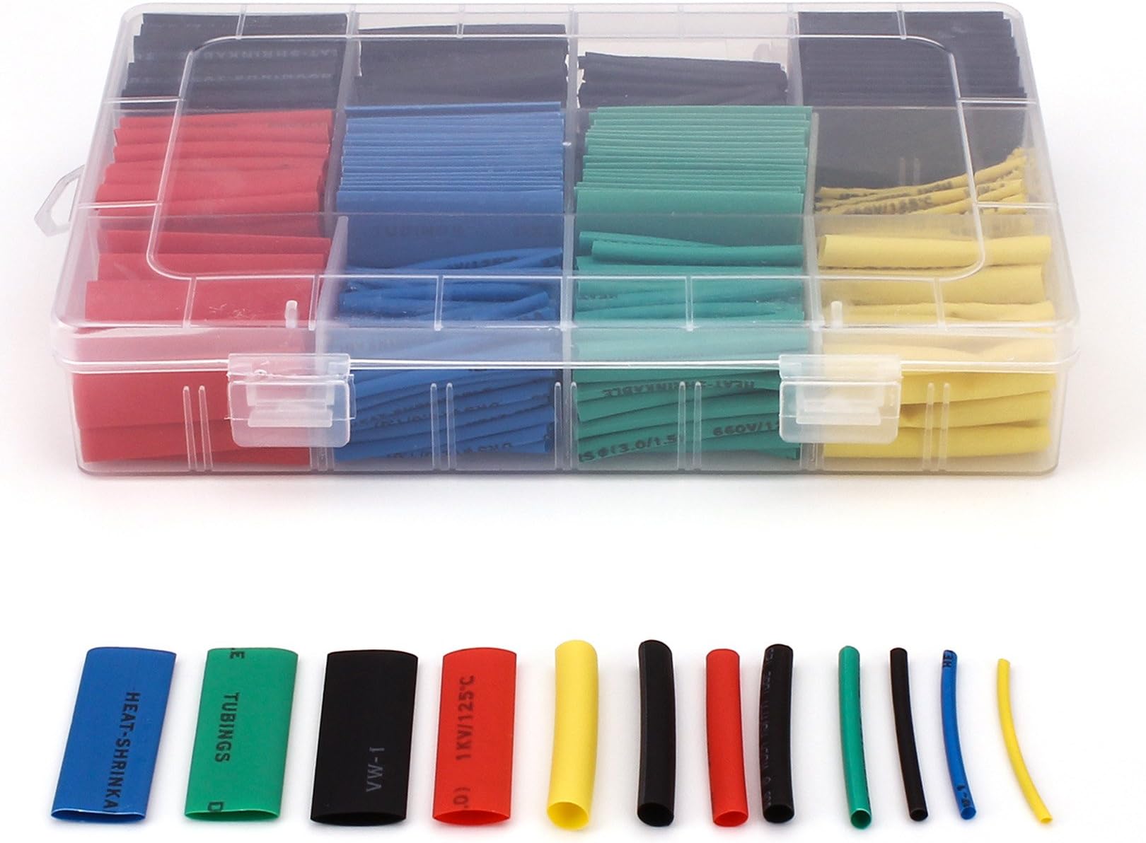 Fashionbabies 590 PCS Heat Shrink Tubing 8 Sizes Assortment 2:1 Polyolefin Shrinking Tube Sleeve Wrap Wire Cable Kit Set with Box,5 Colors