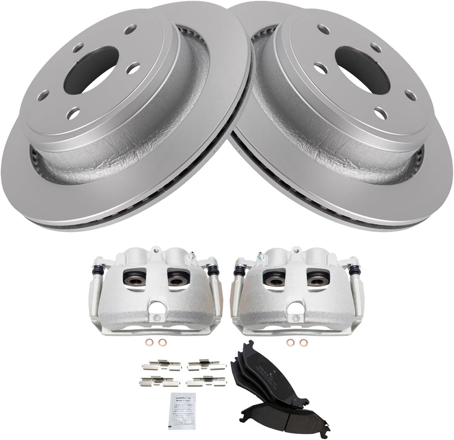 TRQ Rear Brake Pad & Rotor Kit Brake Caliper Brake Pads Brake Rotor Semi-Metallic Vented Premium G-Coated Compatible with 2012 Ram 1500