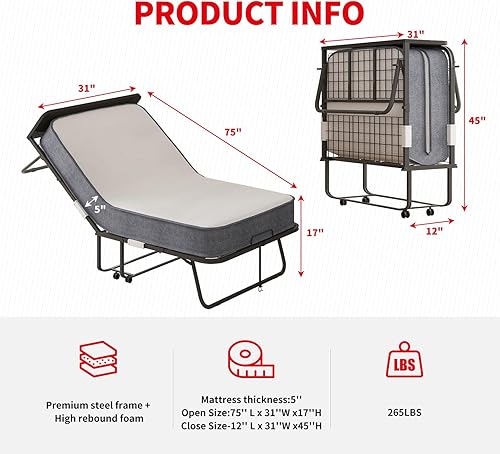 Miniatura 3 de Cama plegable con colchón de 4 pulgadas incluido, cama temporal para invitados y familias, cama plegable que ahorra espacio con rodillos con