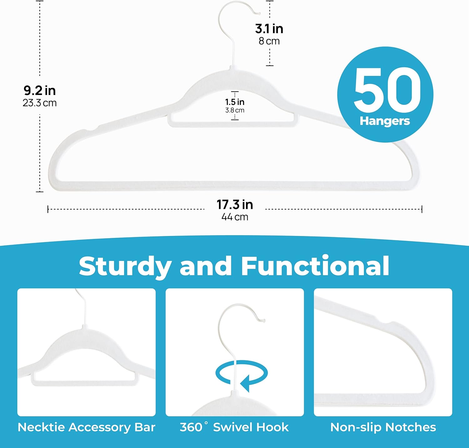 Fontaines Luxury White Velvet Felt Non Slip Clothes Hangers 50 Pack - Ultra Slim & Space Saving - Heavy Duty Swivel Hook for Clothing, Suit, Top, Tie, Shirt, Skirt & Pant Organization