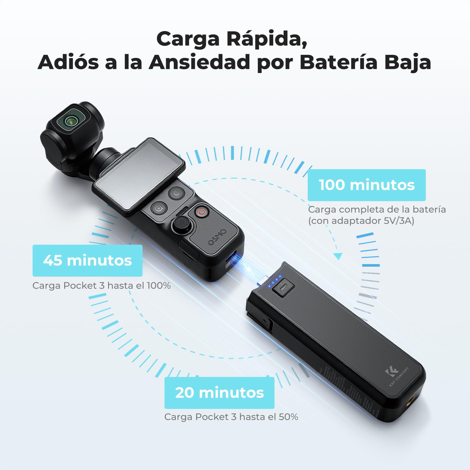 K&F CONCEPT Manija de batería de 5000mAh compatible con Osmo Pocket 4/Pocket 3, para accesorios de Osmo Pocket 3, batería completamente desbloqueada