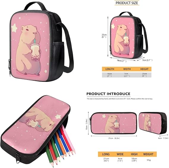 Milk Capybara Pink Backpack for School Girls Kawaii Girls School Bag with Lunch Box 6 in 1 Set Lightweight Kids Bookbag for Elementary Middle School Teens Book Bag Travel Satchel