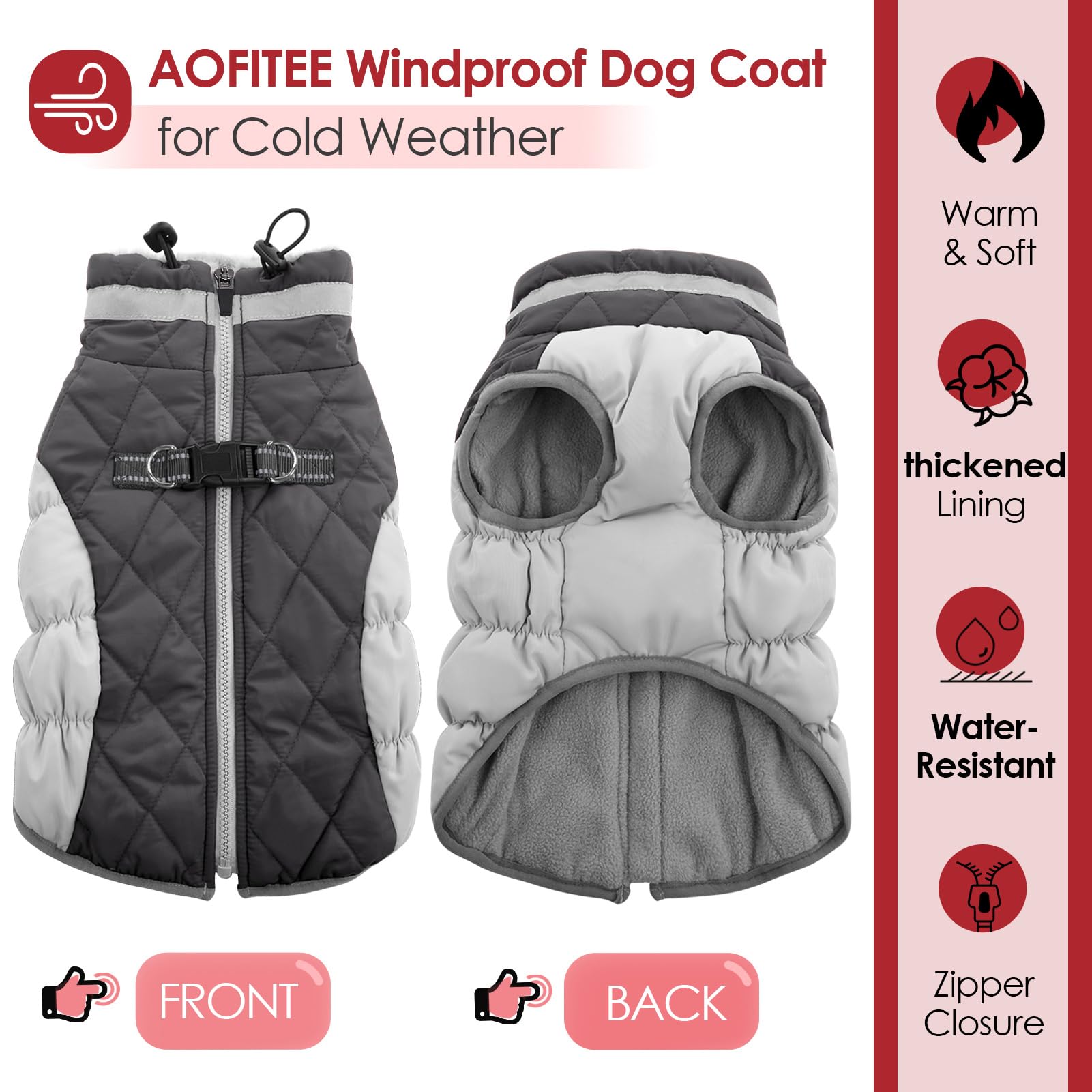 AOFITEE Abrigo para perro, abrigo de invierno cálido para perro, chaqueta reflectante de cuello alto para perros grandes con arnés integrado, chaqueta de invierno para mascotas, chaqueta de invierno