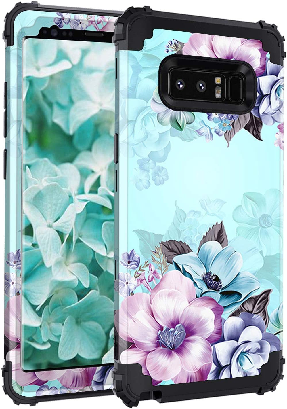 Casetego Compatible with Galaxy Note 8 Case,Floral Three Layer Heavy Duty Hybrid Sturdy Shockproof Full Body Protective Cover Case for Samsung Galaxy Note 8,Blue Flower