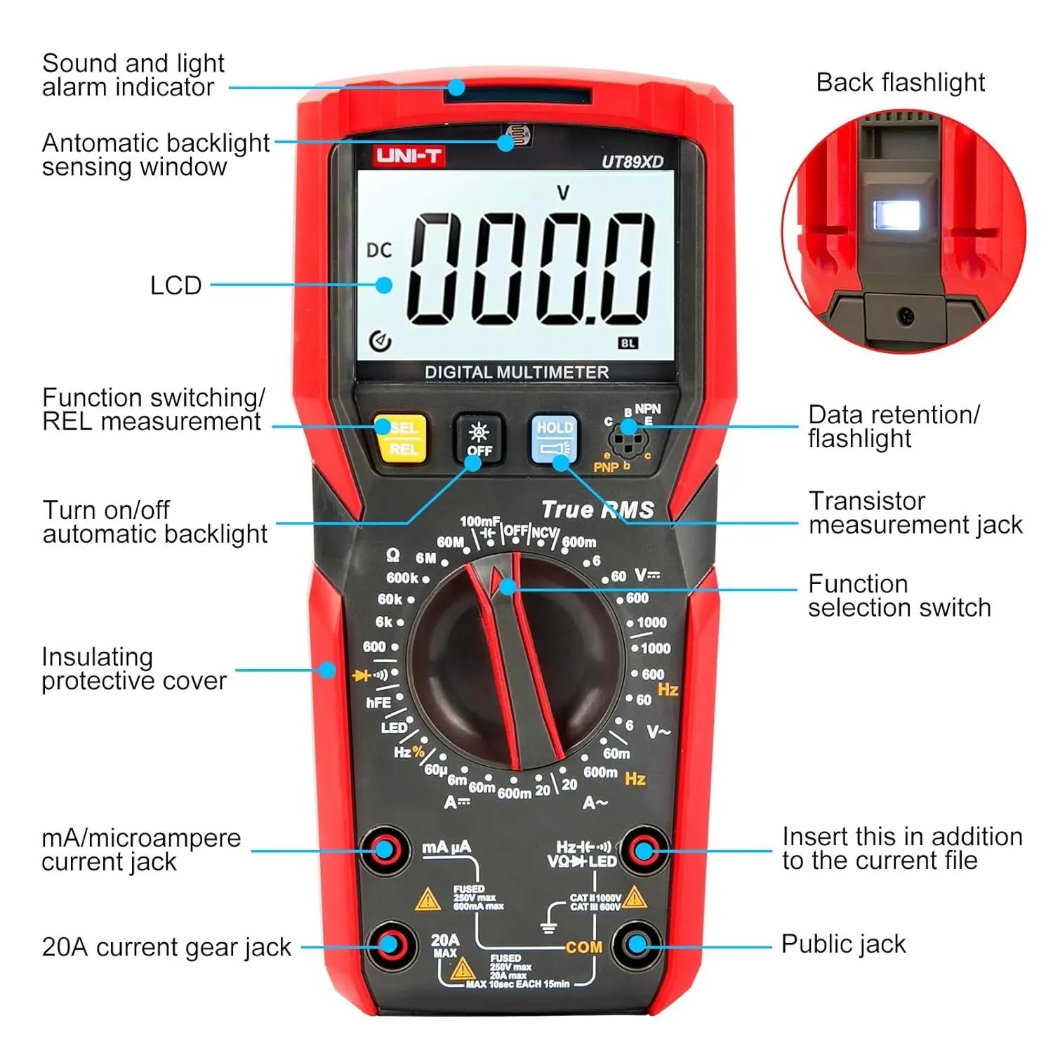 UNI-T UT89XD Digital Multimeter Professional Tester True RMS AC/DC 1000V 20A Voltage Current Temperature Conductance Meter (UT89XD)
