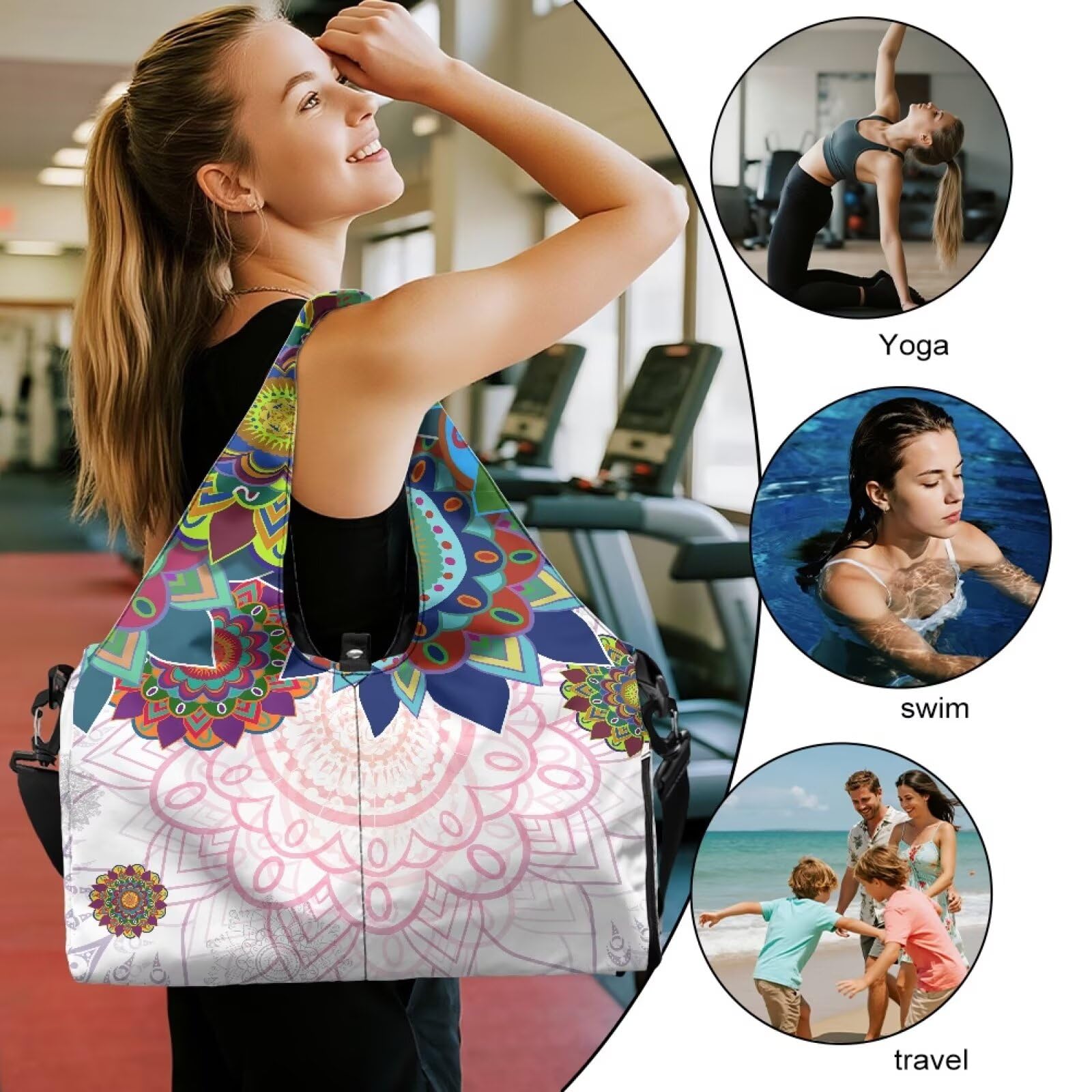 Mandala torba gimnastyczna damska z przegródką na buty, kieszenie do przechowywania na mokro i sucho, torba podróżna, torba sportowa, mata do jogi, przenośna torba na ramię, Totem lotosu