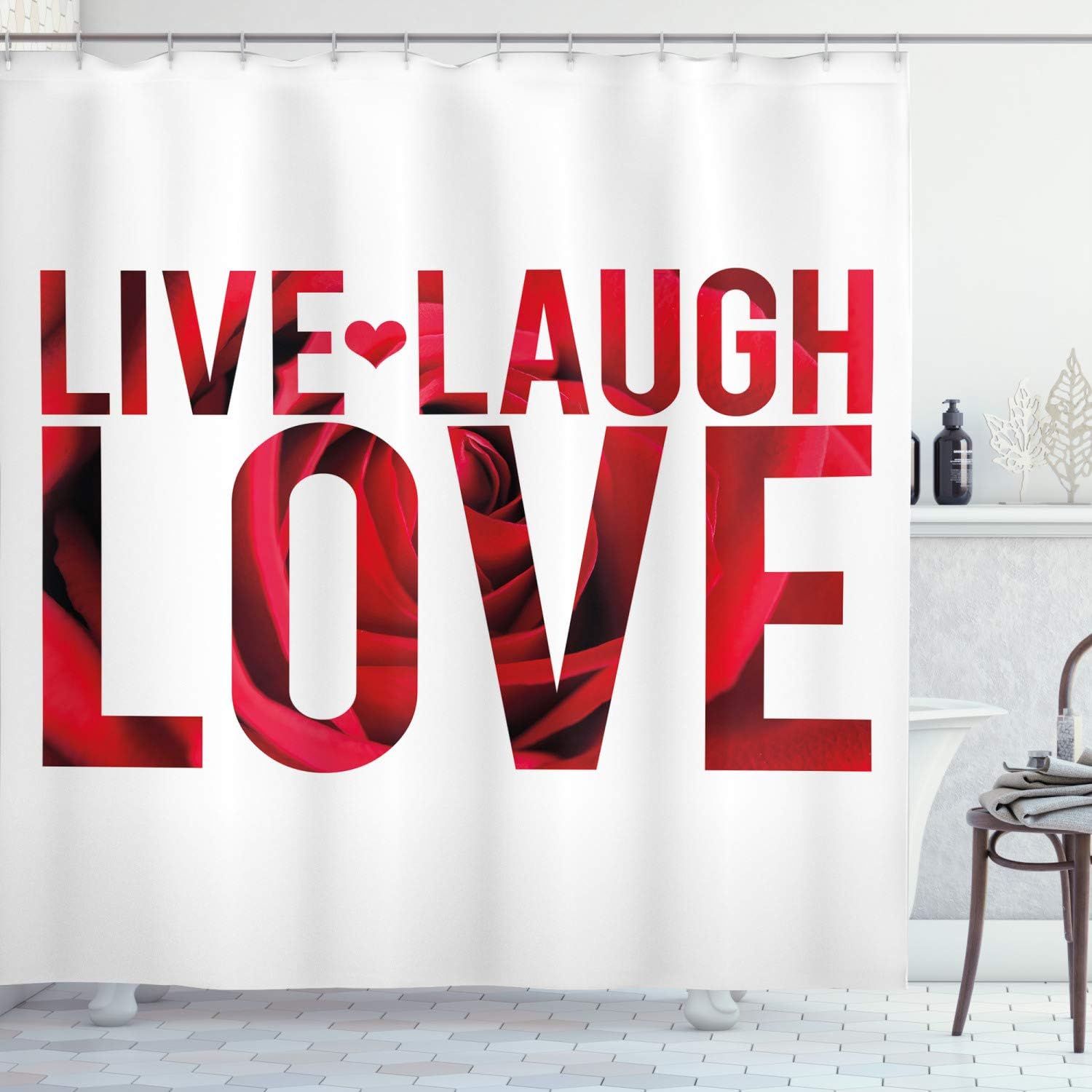 Ambesonne Live Laugh Love Shower Curtain, Typographic Montage Words Macro Rose Petals Texture Print, Cloth Fabric Bathroom Decor Set with Hooks, 69" W x 84" L, Red White and Black