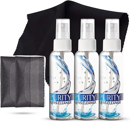 Purity Limpiador de lentes de gafas Kit - 3 botellas de spray limpiador de lentes de viaje de 1 onza + 2 paños de limpieza de microfibra - Seguro