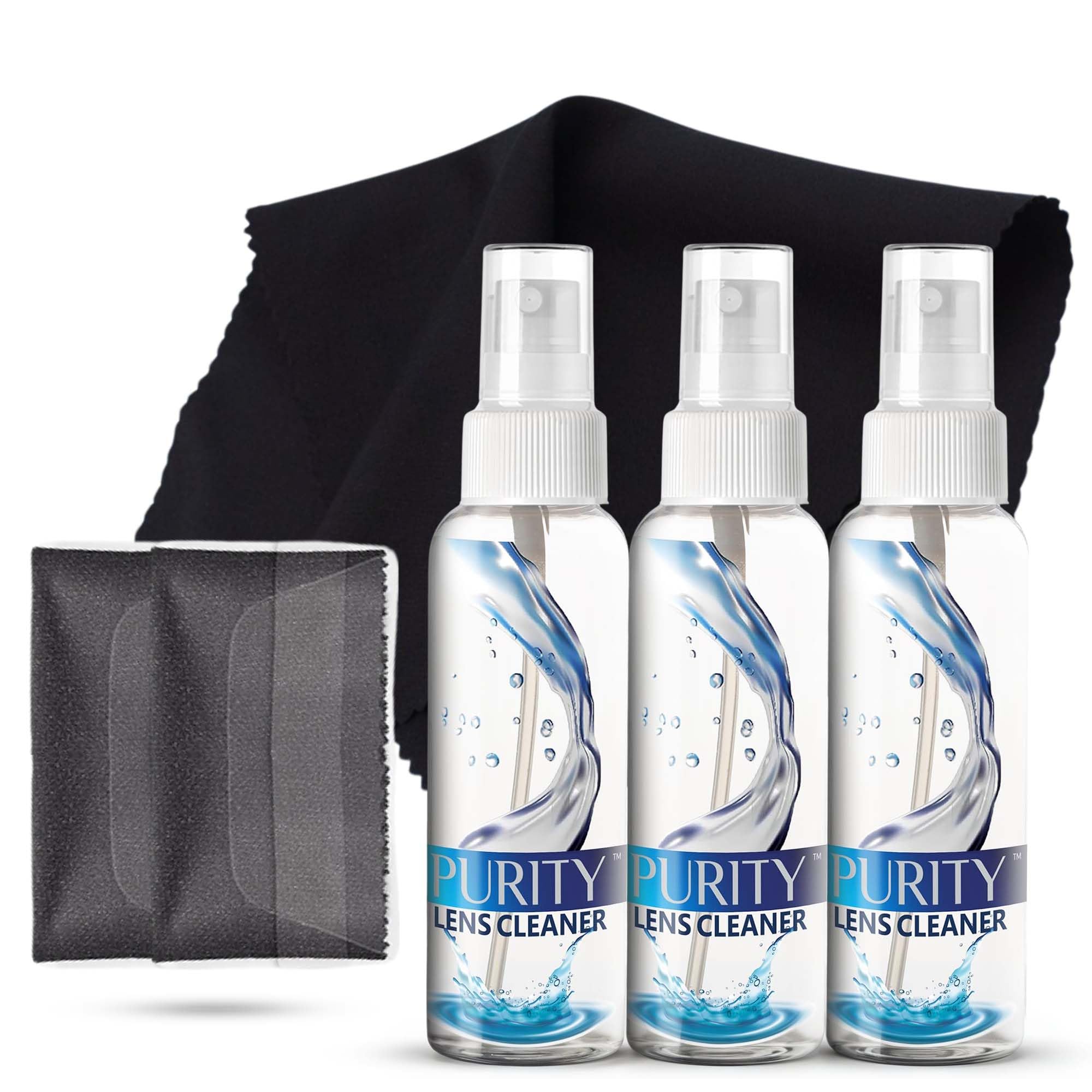 Purity Eyeglass Lens Cleaner Kit - 3 x 1oz Travel Size Lens Cleaner Spray Bottle + 2 Microfiber Cleaning Cloths - Safe for All Lenses (AR Coated Included), Eyeglasses and Screens - Clear